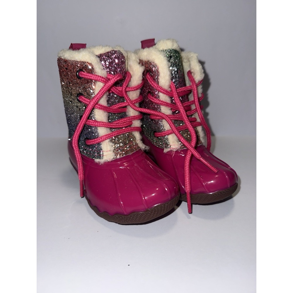 Adrienne Vittadini Bambini Girls Rain Boots 7 Fuchsia Pink Glitter Fur Snow NEW